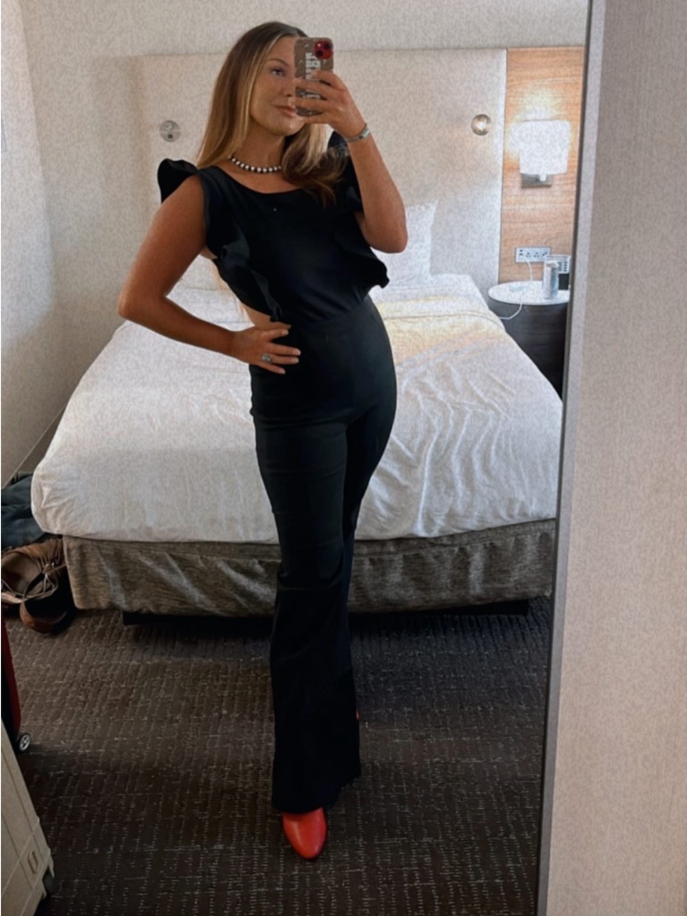 Flying Tomato Black Ruffle-Sleeve Boot Cut Jumpsuit